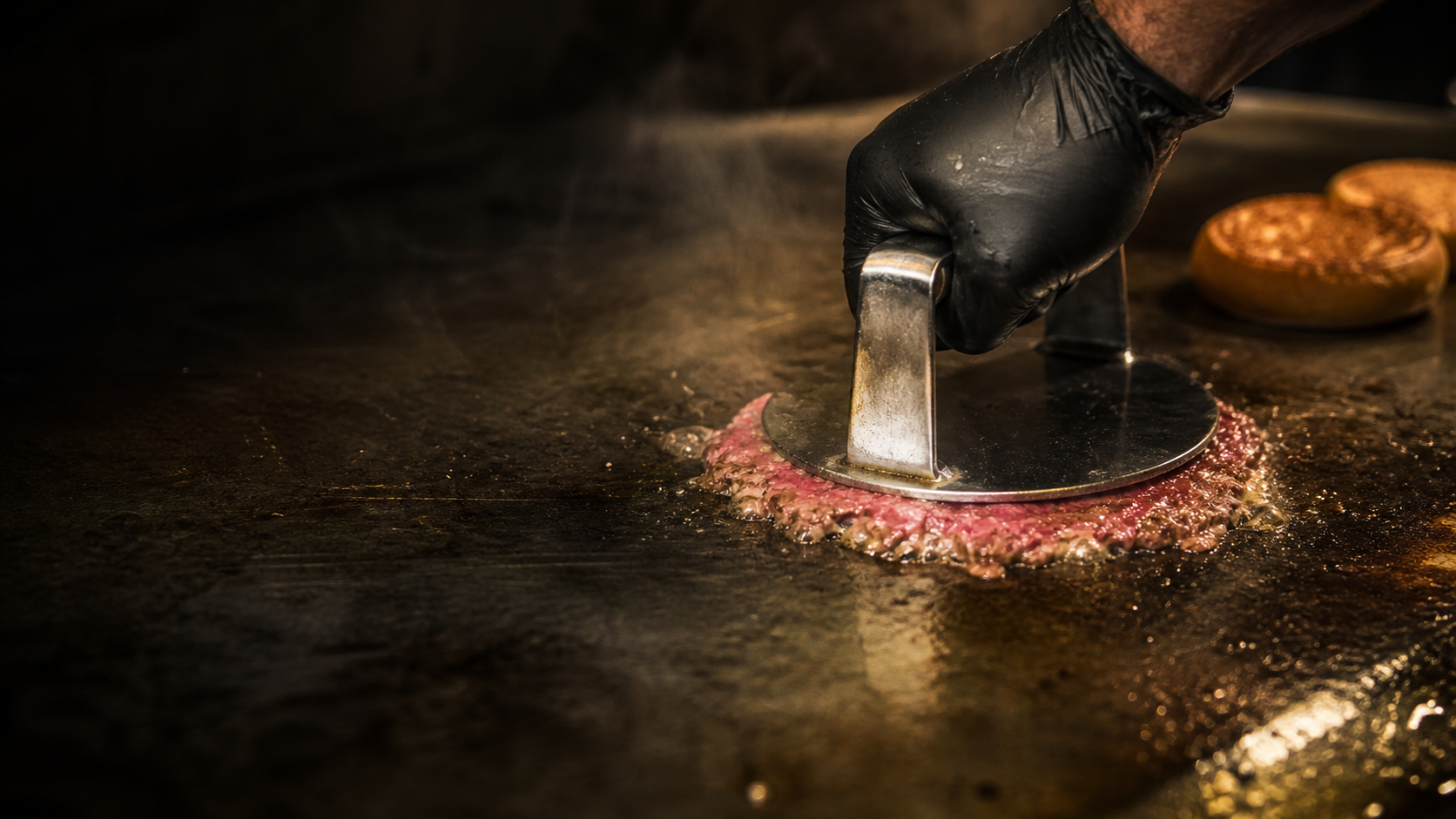 The Smash burger, double patty with melted cheese, smoke and sear in a cinematic close-up